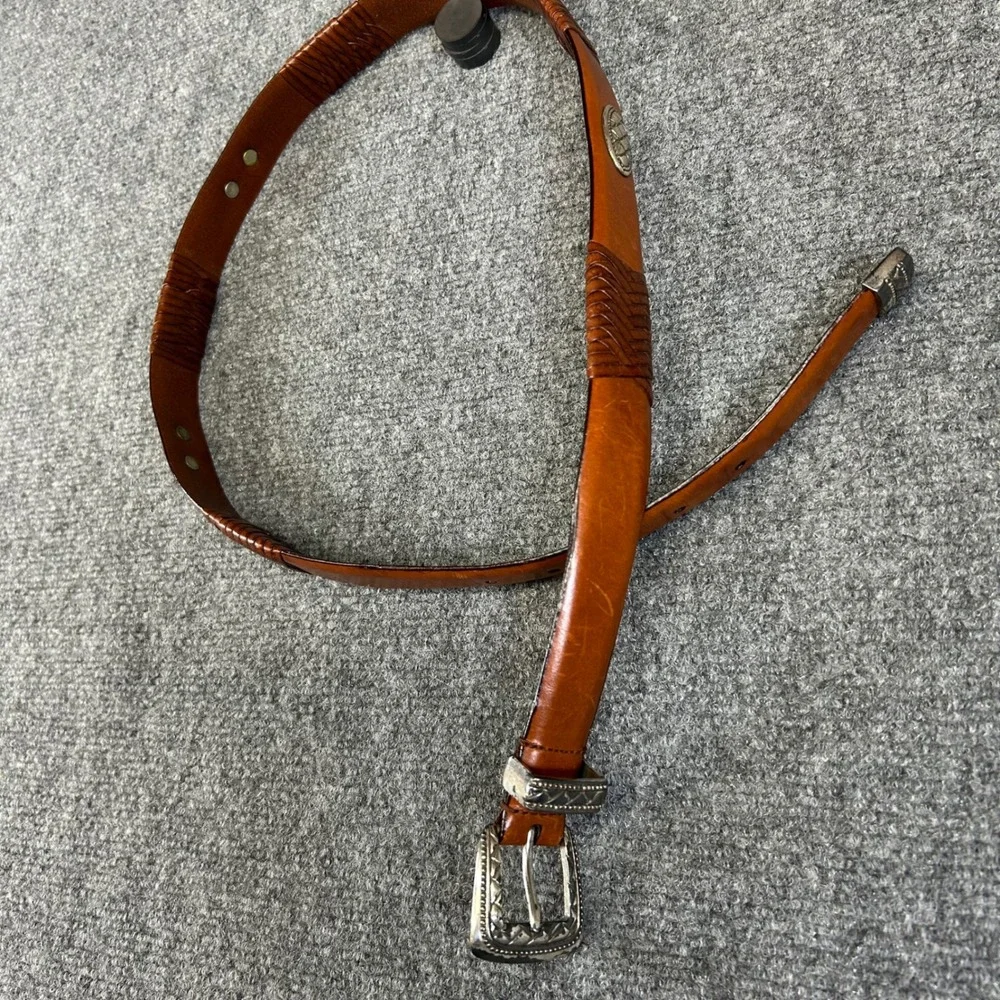Cognac Full Grain Leather Western Concho Woven Belt Silver Buckle 38 95 01-3498